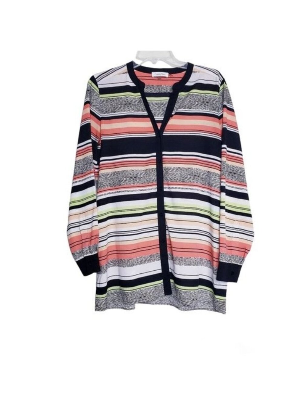 Calvin Klein Striped Multicolored Blouse Button Up Tunic Top Women's Size Medium